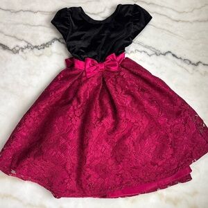 Jona Michelle Girl Special Occasion Dress Black Velvet Red Floral Lace Bow Size5